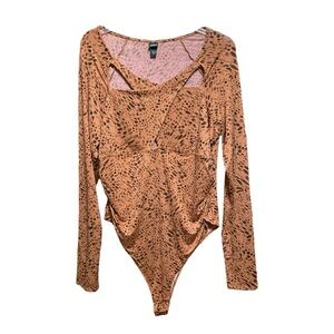 Wild Fable Tan Long Sleeve Bodysuit with Animal Print XXL